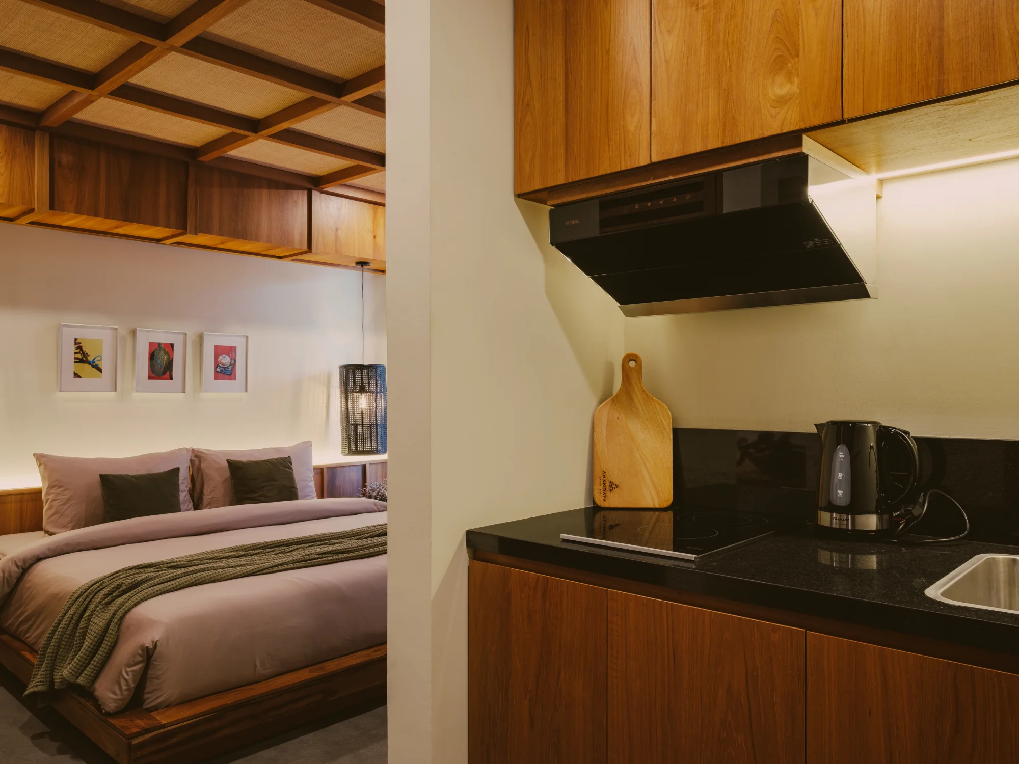 Clean minimalist kitchenette countertop and coffee preparation space