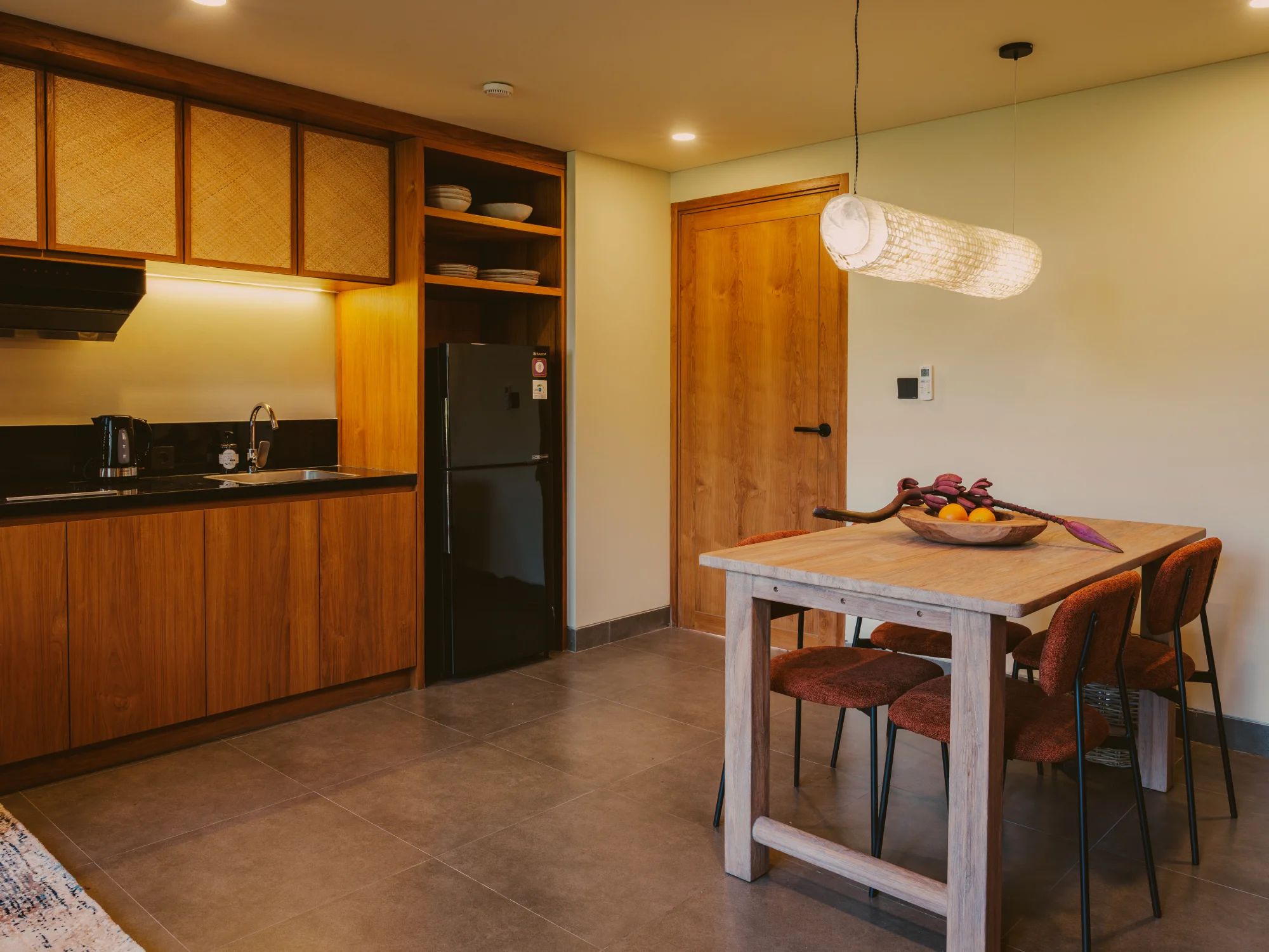 Solid wood dining table and seating in the open living space
