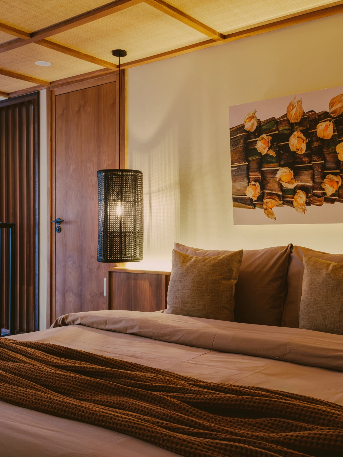 Studio Apartment Mezzanine upper bedroom suite and artisanal pendant lighting