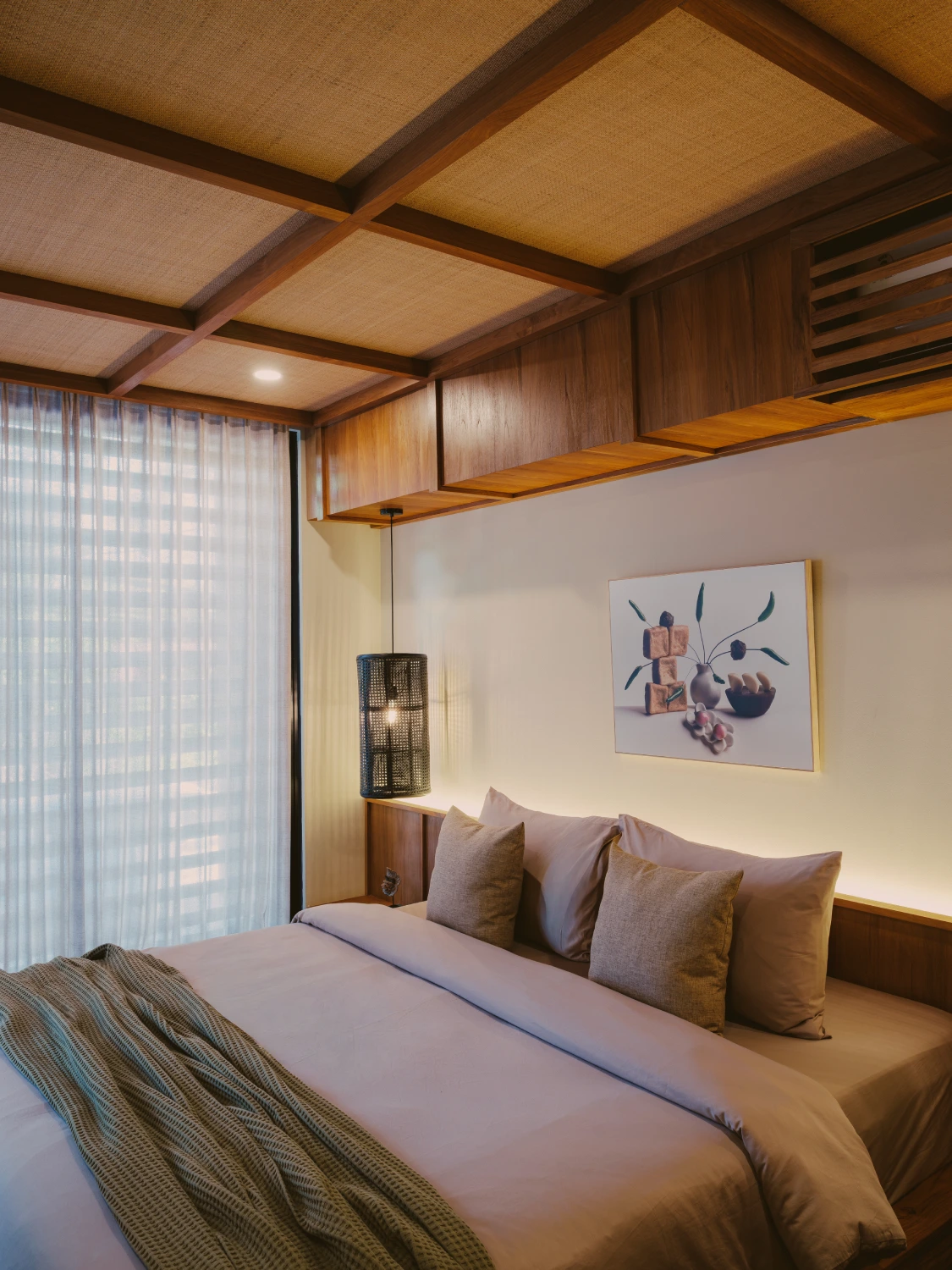 Studio Apartment comfortable bedroom with sheer morning curtains